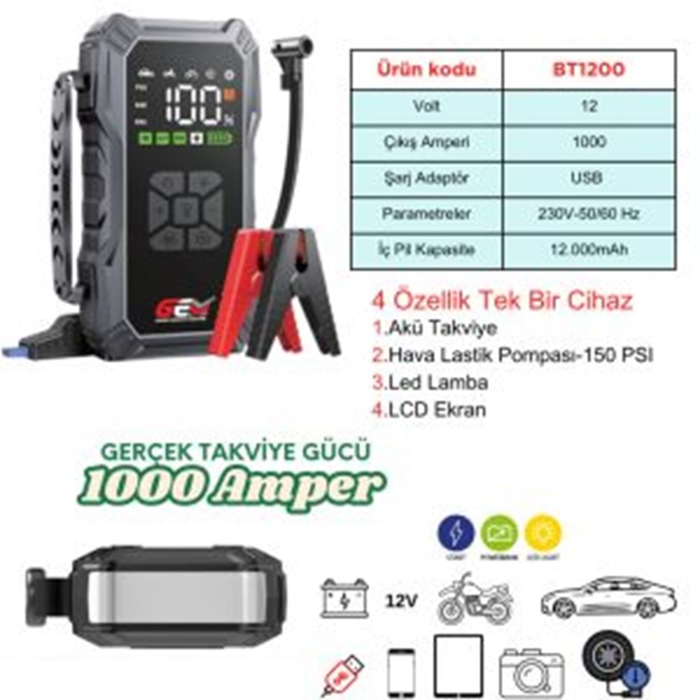 GEM BT1200 12V-1000 AMPER AKÜ TAKVİYE VE LASTİK ŞİŞİRME CİHAZI